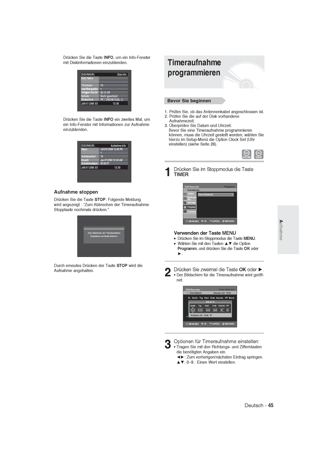 Samsung DVD-R129/XEB Drücken Sie im Stoppmodus die Taste, Verwenden der Taste Menu, Drücken Sie zweimal die Taste OK oder 