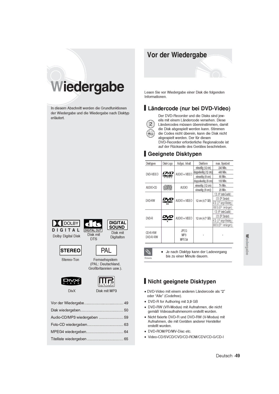 Samsung DVD-R128/XEG Vor der Wiedergabe, Ländercode nur bei DVD-Video, Geeignete Disktypen, Nicht geeignete Disktypen 