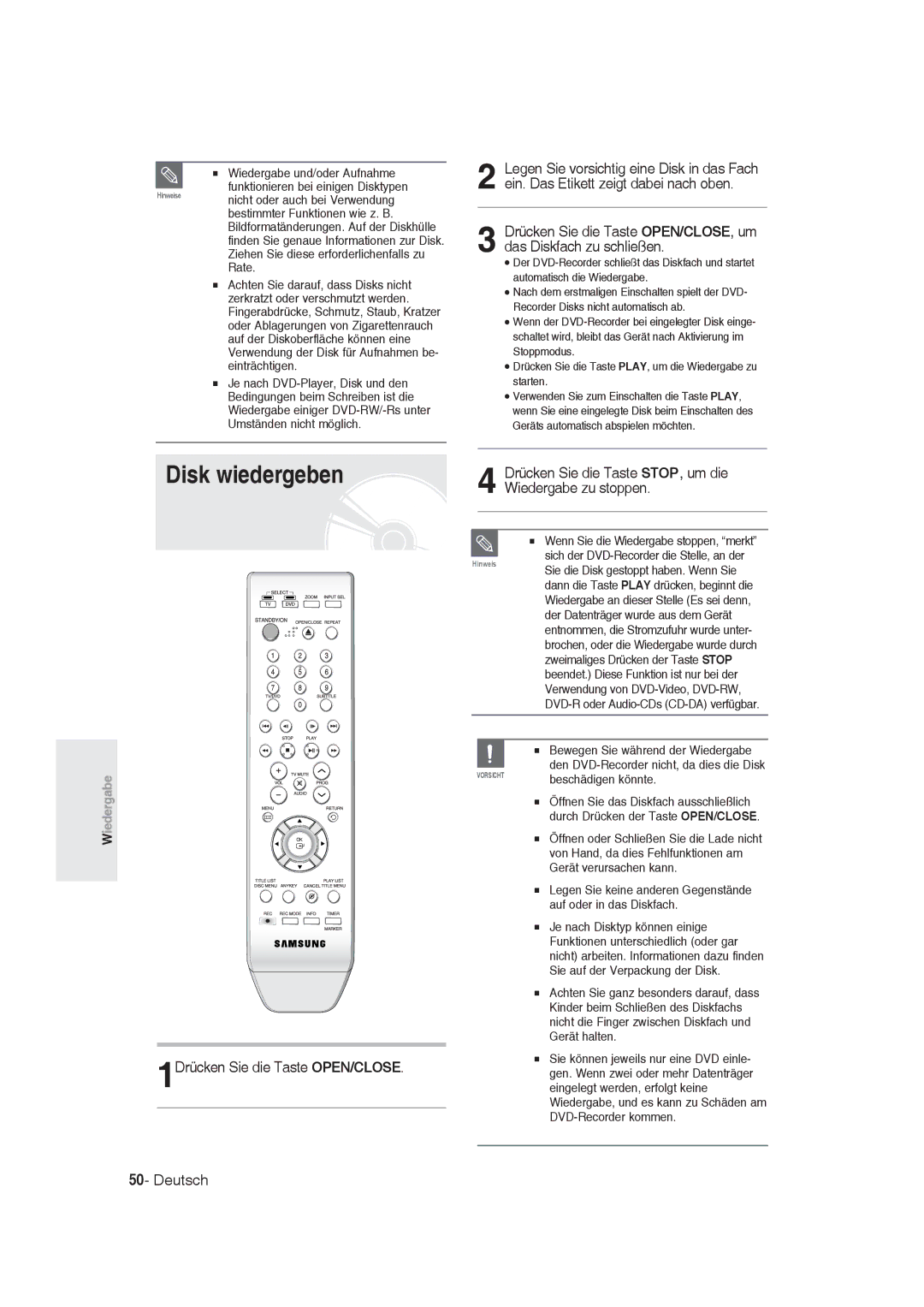 Samsung DVD-R129/XEG, DVD-R128/XET, DVD-R128/XEG, DVD-R129/XEB, DVD-R130/XEG, DVD-R128/XEB manual Disk wiedergeben 