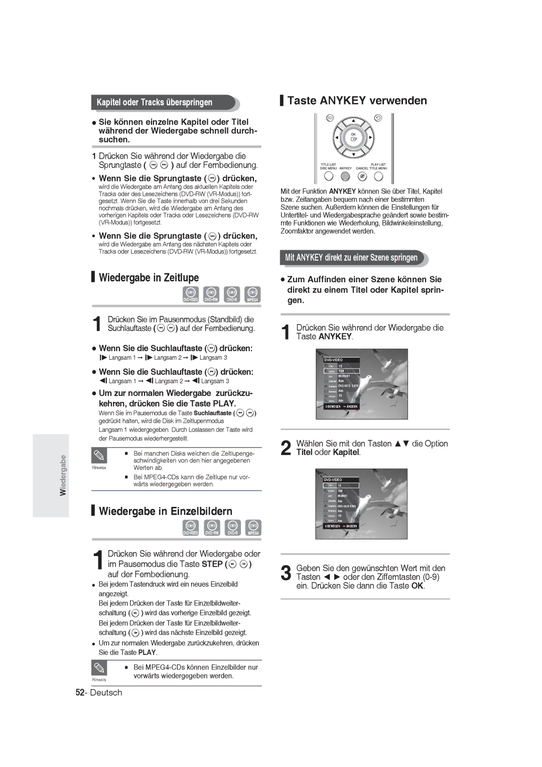 Samsung DVD-R130/XEG, DVD-R128/XET manual Wiedergabe in Zeitlupe, Wiedergabe in Einzelbildern, Taste Anykey verwenden 