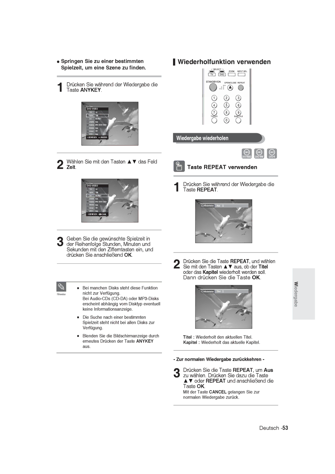 Samsung DVD-R128/XEB manual Wiederholfunktion verwenden, Wiedergabe wiederholen, Wählen Sie mit den Tasten das Feld Zeit 