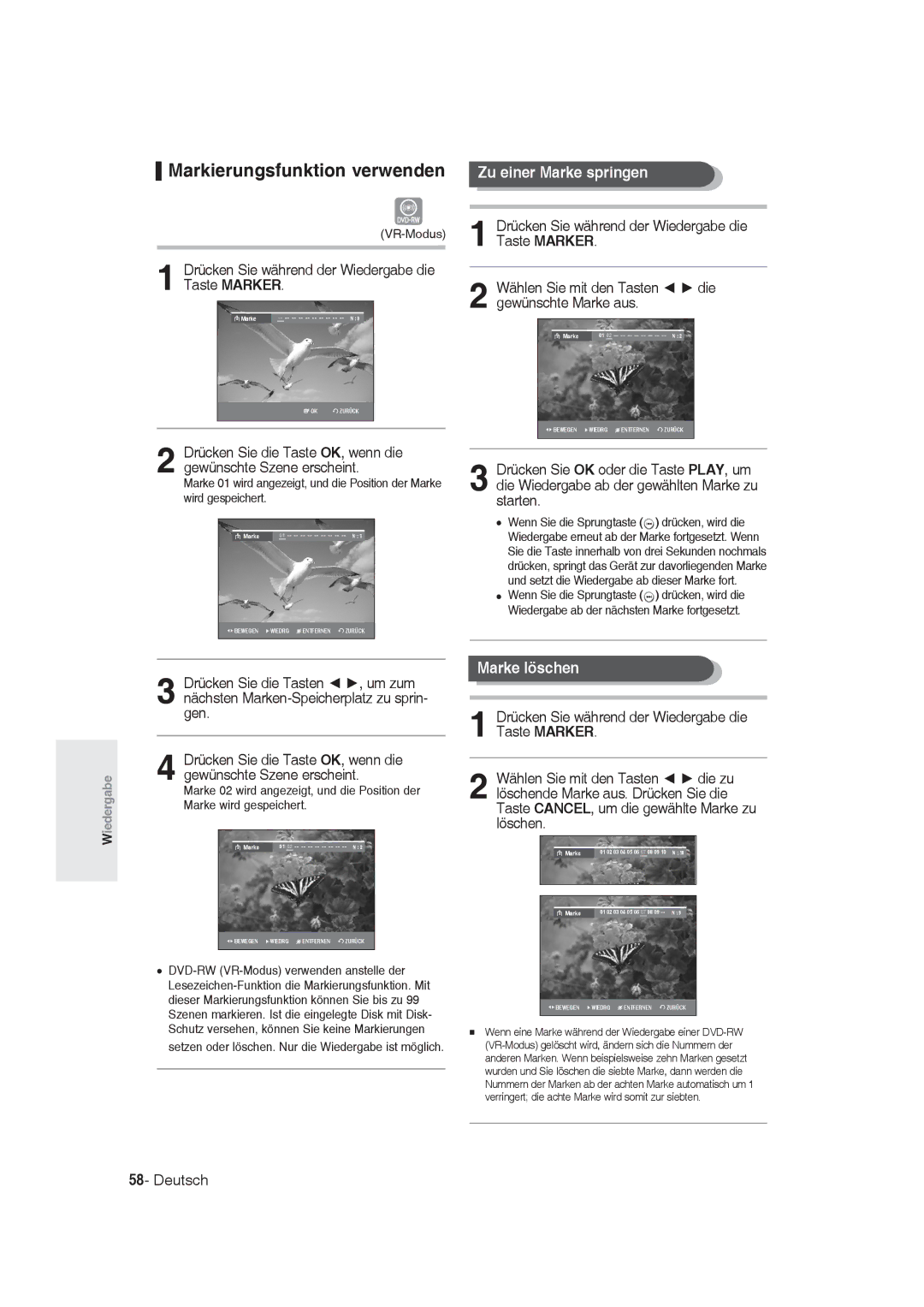 Samsung DVD-R130/XEG, DVD-R128/XET manual Markierungsfunktion verwenden, Zu einer Marke springen, Marke löschen, VR-Modus 