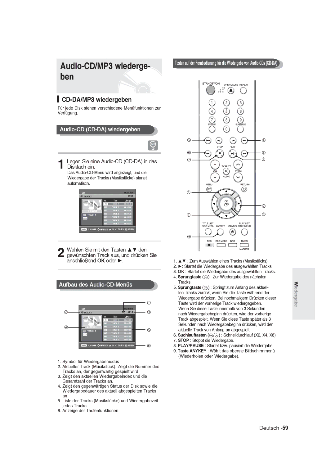 Samsung DVD-R128/XEB, DVD-R128/XET manual Audio-CD/MP3 wiederge- ben, CD-DA/MP3 wiedergeben, Audio-CD CD-DA wiedergeben 