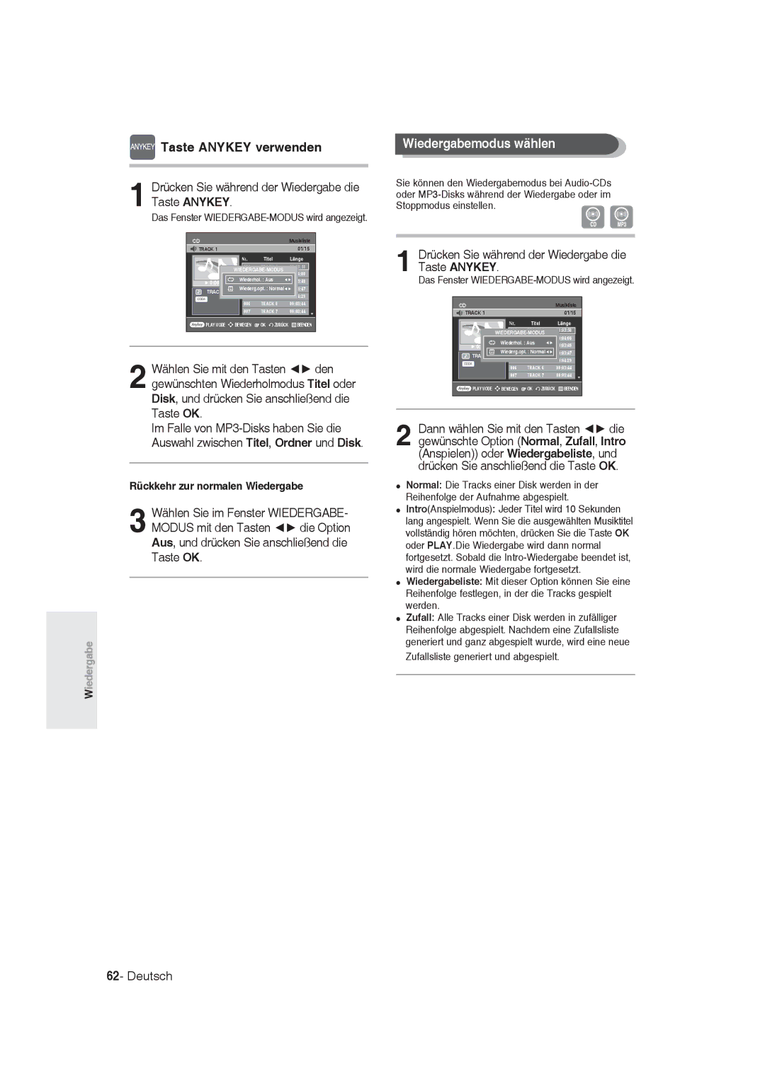 Samsung DVD-R129/XEG, DVD-R128/XET, DVD-R128/XEG manual Wiedergabemodus wählen, Das Fenster WIEDERGABE-MODUS wird angezeigt 