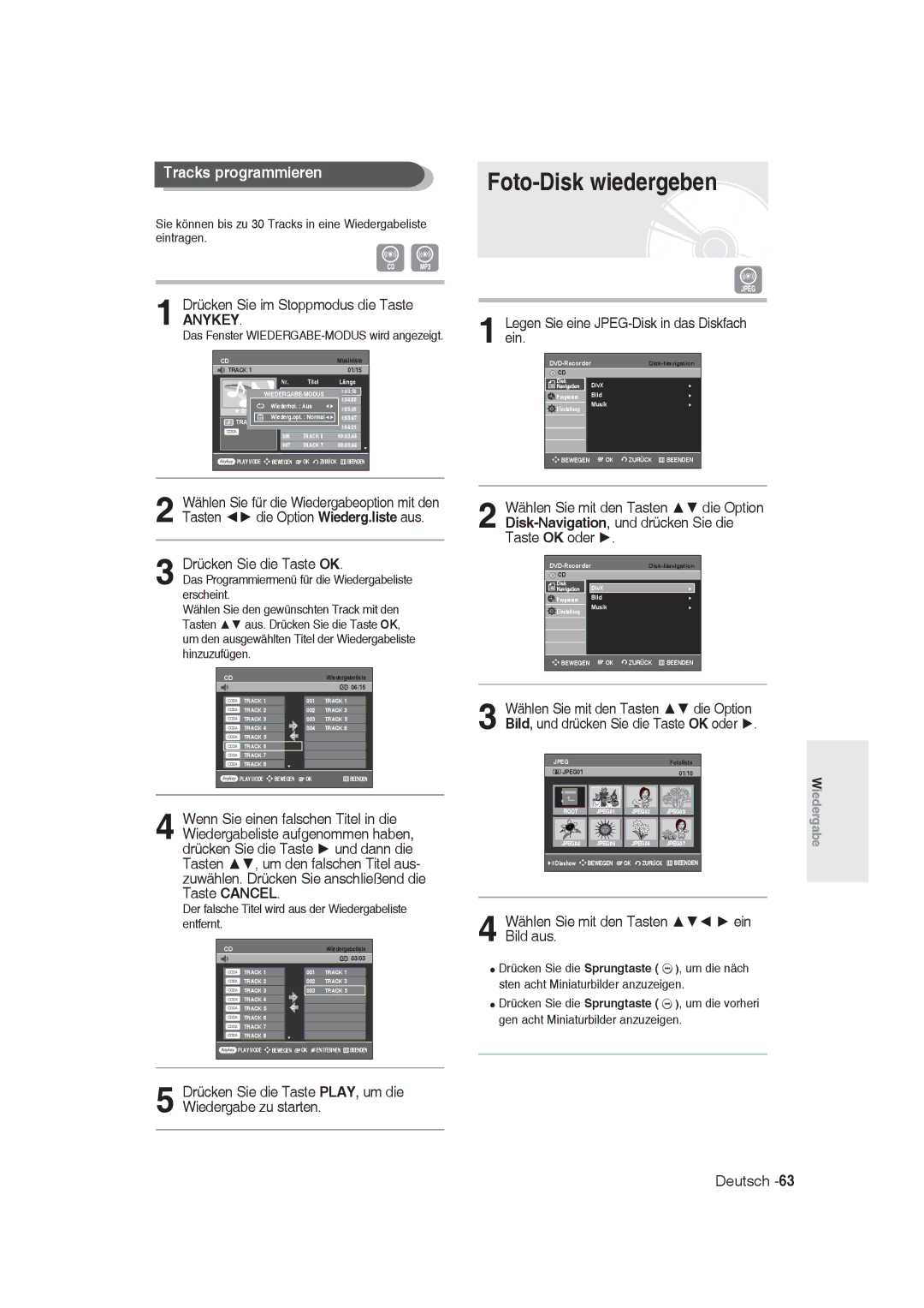 Samsung DVD-R129/XEB, DVD-R128/XET, DVD-R128/XEG manual Foto-Disk wiedergeben, Tracks programmieren, Drücken Sie die Taste OK 