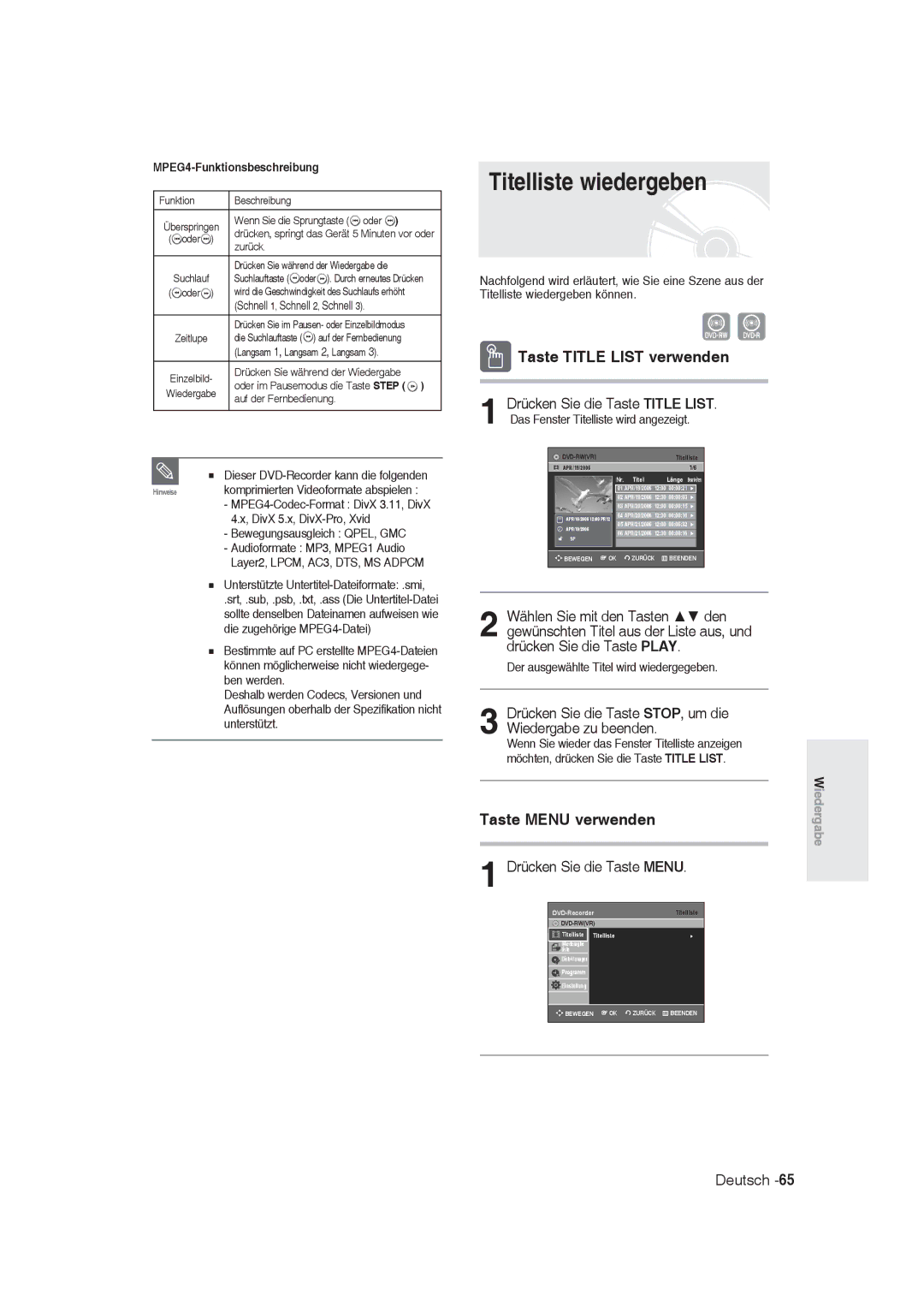 Samsung DVD-R128/XEB, DVD-R128/XET manual Titelliste wiedergeben, Drücken Sie die Taste STOP, um die Wiedergabe zu beenden 