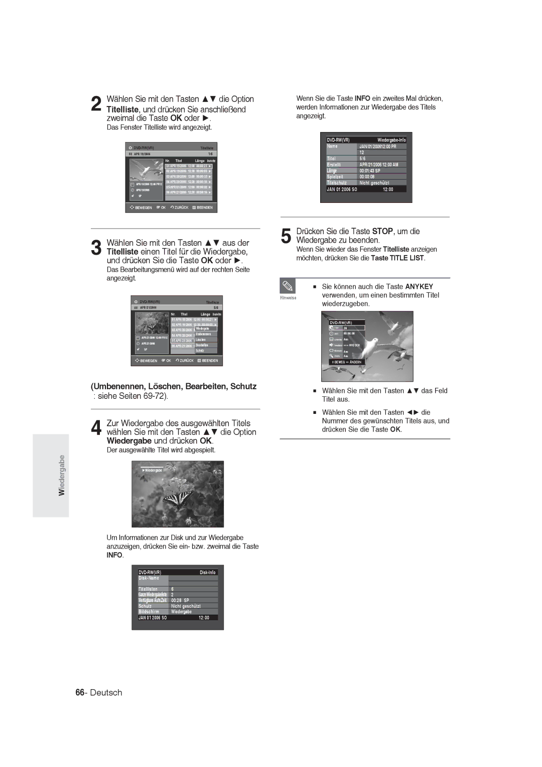 Samsung DVD-R128/XET manual Siehe Seiten, Umbenennen, Löschen, Bearbeiten, Schutz, Das Fenster Titelliste wird angezeigt 