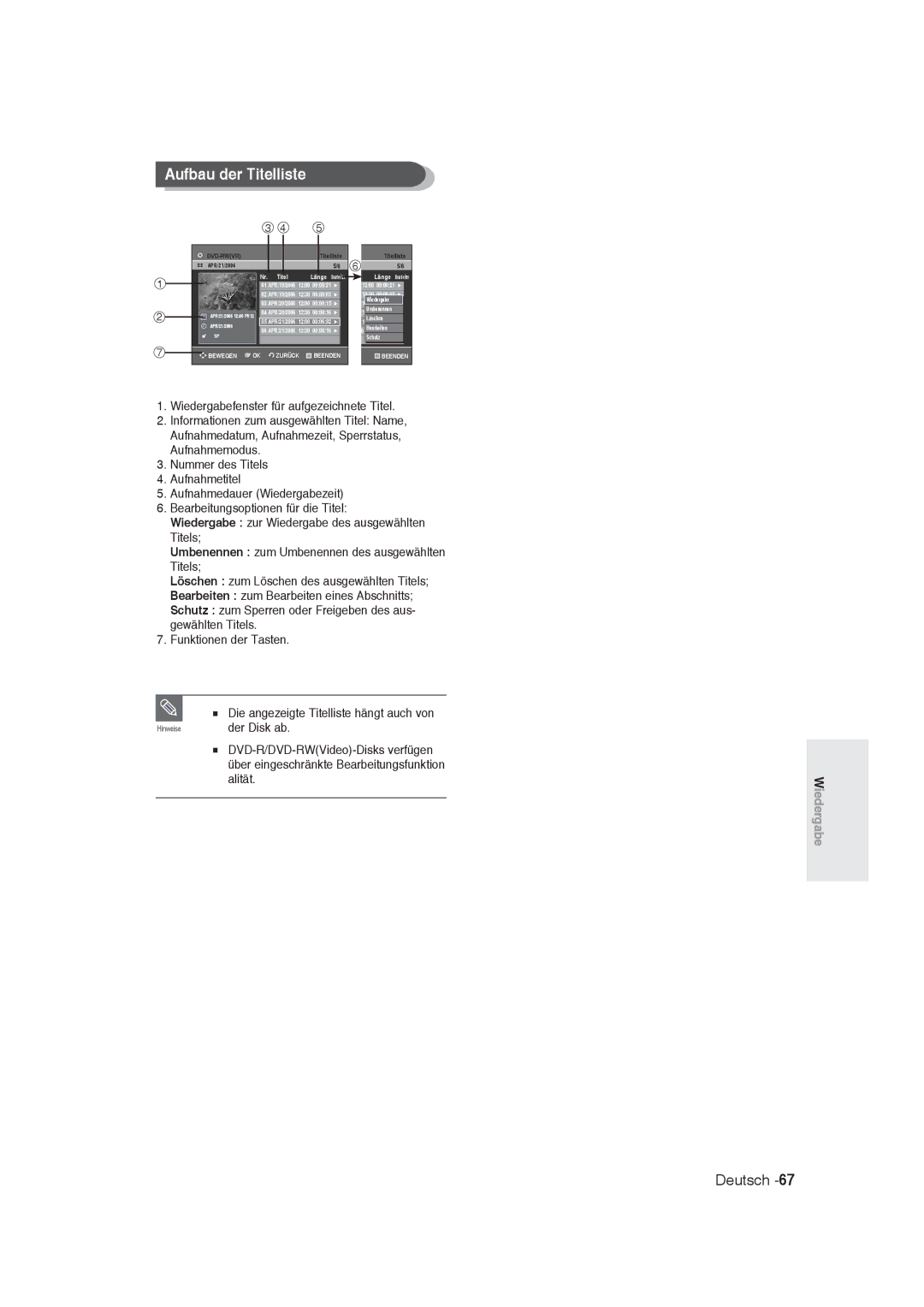 Samsung DVD-R128/XEG, DVD-R128/XET, DVD-R129/XEG, DVD-R129/XEB, DVD-R130/XEG, DVD-R128/XEB Aufbau der Titelliste, Der Disk ab 