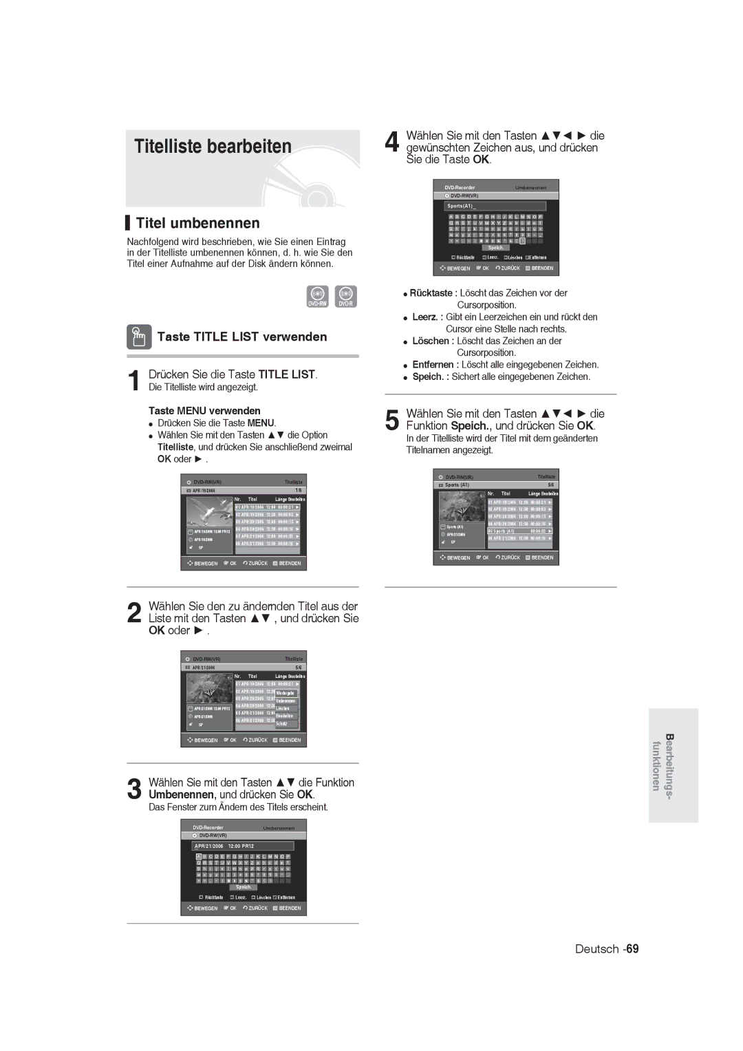 Samsung DVD-R129/XEB, DVD-R128/XET, DVD-R128/XEG, DVD-R129/XEG Titelliste bearbeiten, Titel umbenennen, Taste Menu verwenden 