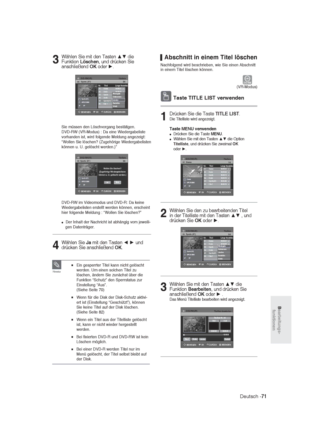 Samsung DVD-R128/XEB manual Abschnitt in einem Titel löschen, Drücken Sie OK oder, Ein gesperrter Titel kann nicht gelöscht 