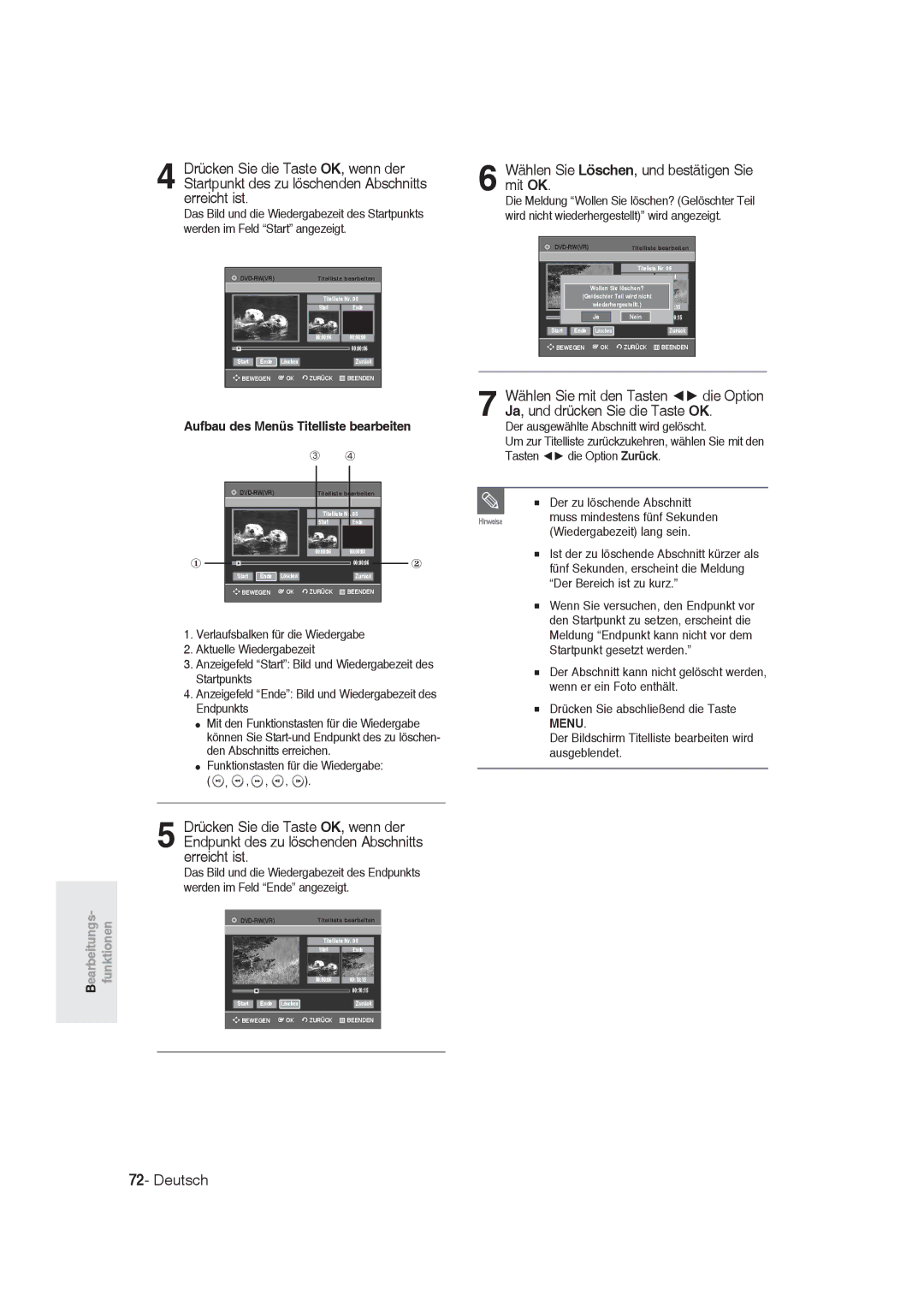 Samsung DVD-R128/XET, DVD-R128/XEG Wählen Sie Löschen, und bestätigen Sie mit OK, Aufbau des Menüs Titelliste bearbeiten 