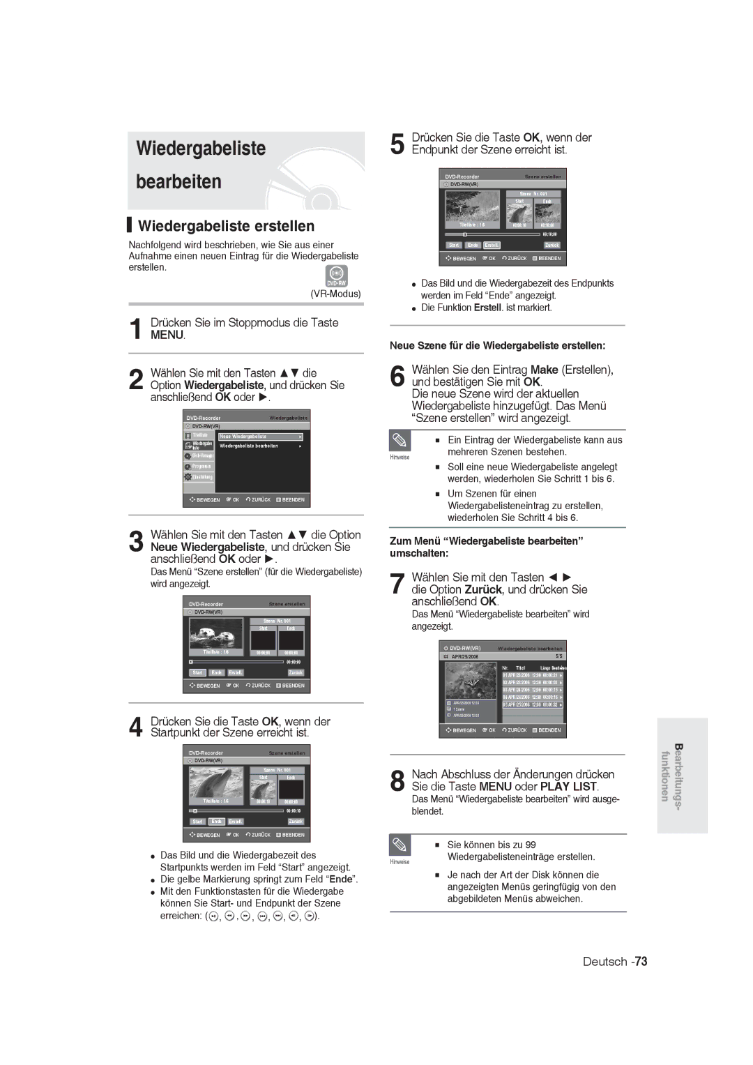 Samsung DVD-R128/XEG Neue Szene für die Wiedergabeliste erstellen, Zum Menü Wiedergabeliste bearbeiten umschalten 