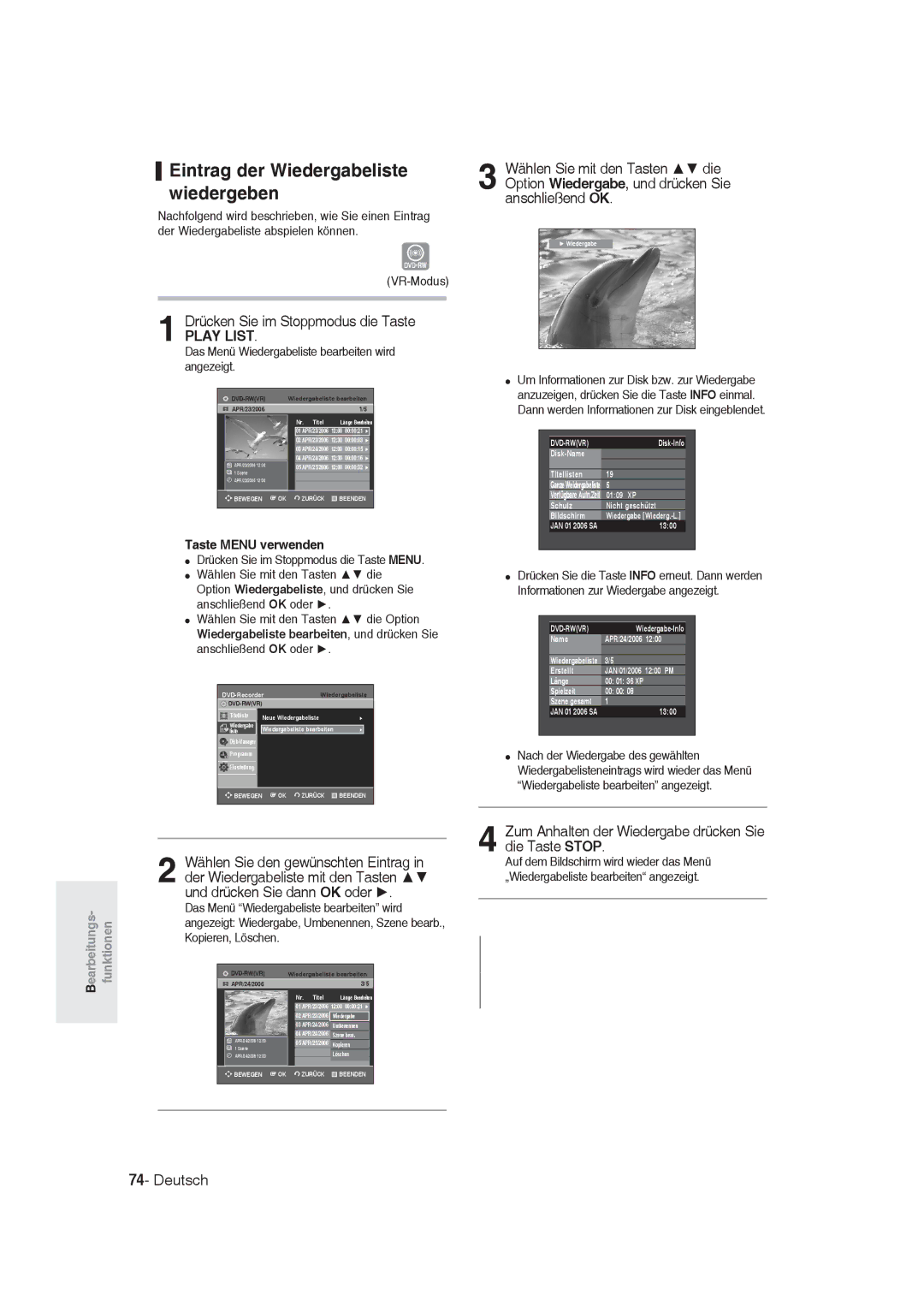 Samsung DVD-R129/XEG manual Eintrag der Wiedergabeliste wiedergeben, Zum Anhalten der Wiedergabe drücken Sie die Taste Stop 