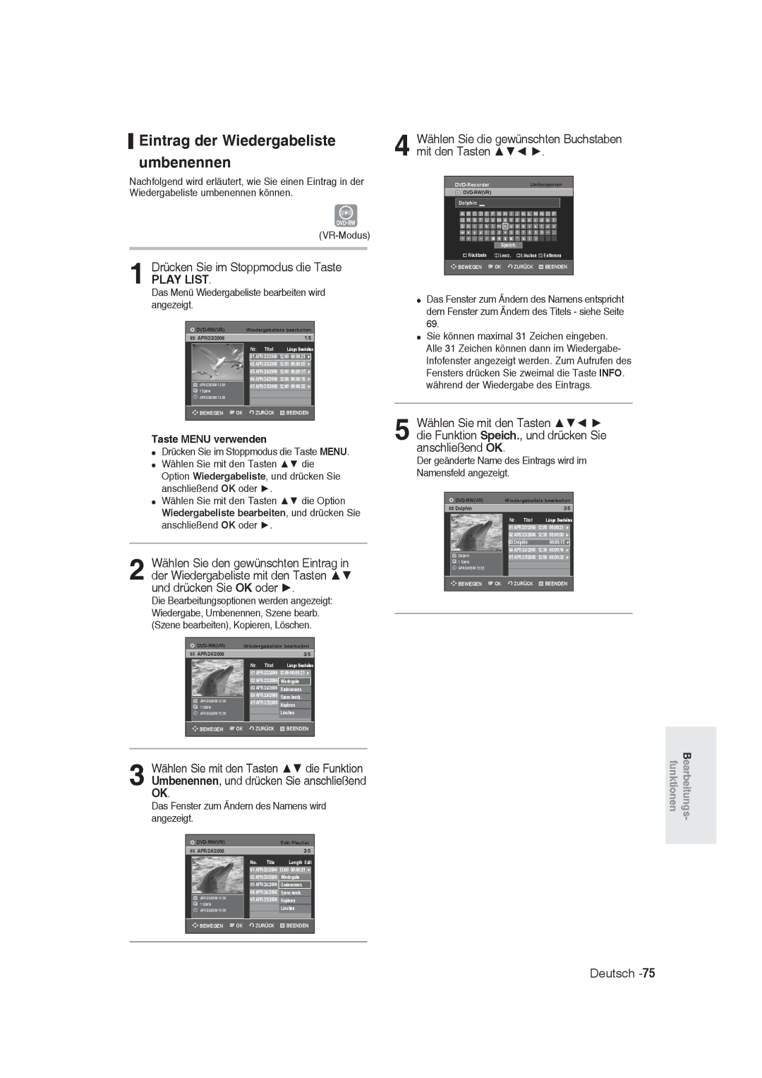 Samsung DVD-R129/XEB manual Eintrag der Wiedergabeliste umbenennen, Das Fenster zum Ändern des Namens wird angezeigt 