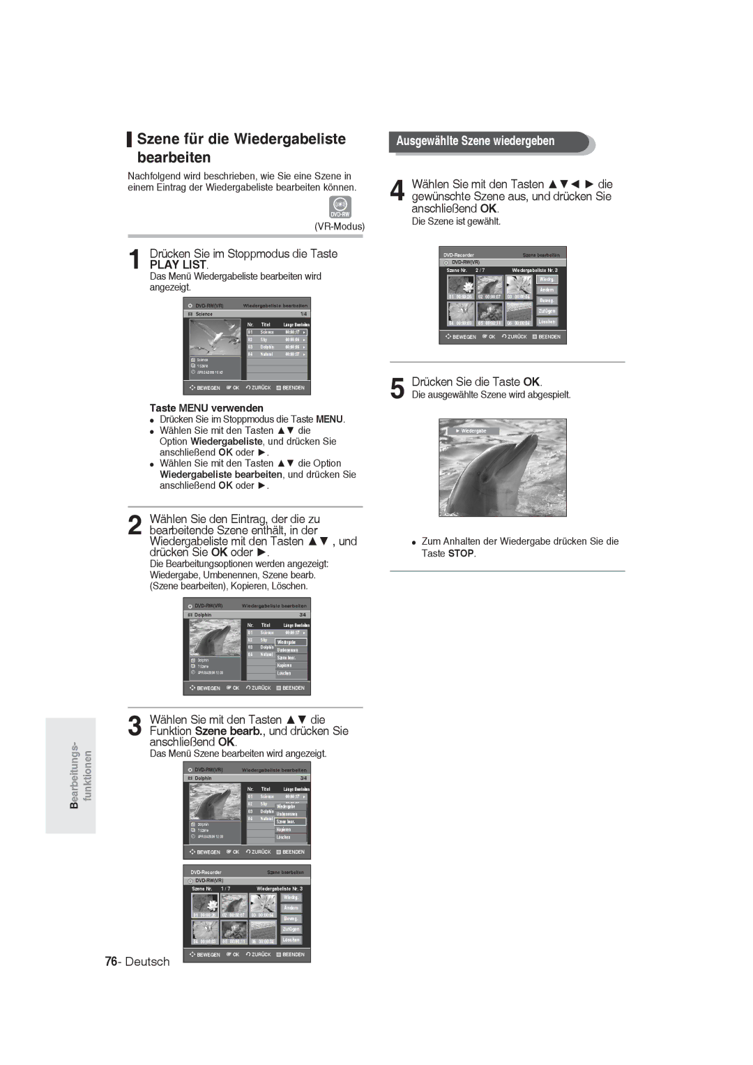 Samsung DVD-R130/XEG, DVD-R128/XET, DVD-R128/XEG Szene für die Wiedergabeliste bearbeiten, Ausgewählte Szene wiedergeben 