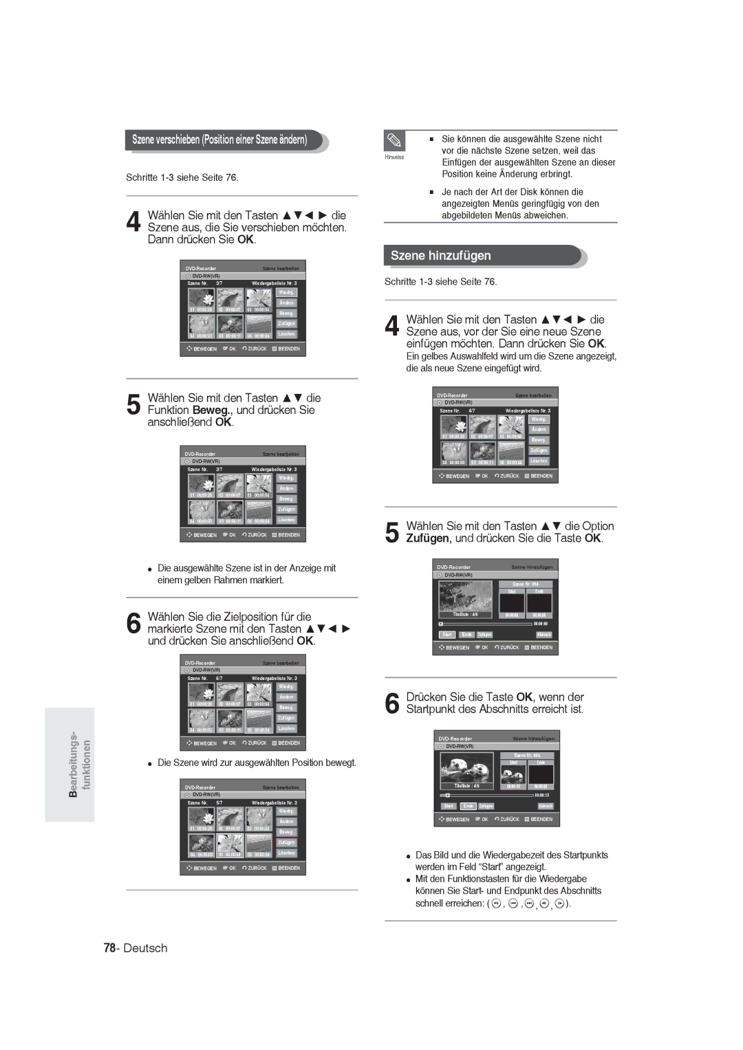 Samsung DVD-R128/XET, DVD-R128/XEG, DVD-R129/XEG manual Szene hinzufügen, Die Szene wird zur ausgewählten Position bewegt 