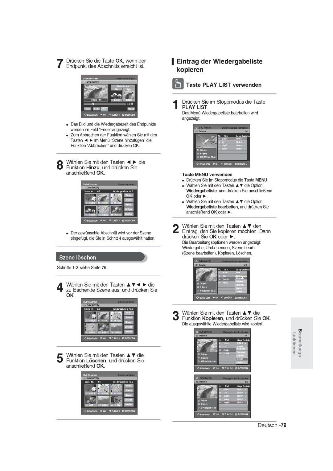 Samsung DVD-R128/XEG Eintrag der Wiedergabeliste kopieren, Szene löschen, Die ausgewählte Wiedergabeliste wird kopiert 