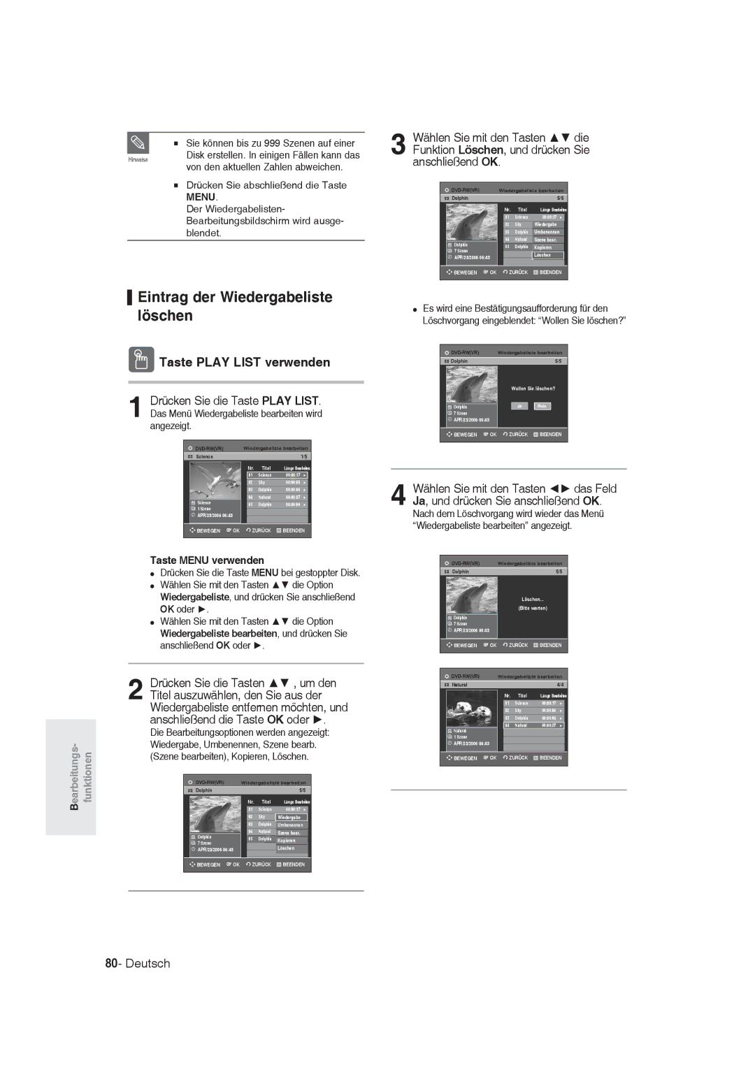 Samsung DVD-R129/XEG, DVD-R128/XET, DVD-R128/XEG, DVD-R129/XEB, DVD-R130/XEG, DVD-R128/XEB Eintrag der Wiedergabeliste löschen 