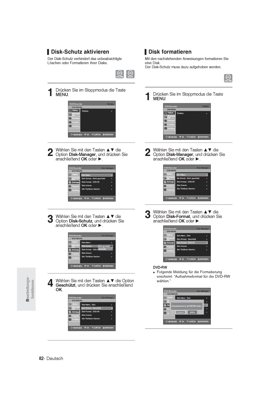 Samsung DVD-R130/XEG, DVD-R128/XET, DVD-R128/XEG, DVD-R129/XEG, DVD-R129/XEB manual Disk-Schutz aktivieren, Disk formatieren 