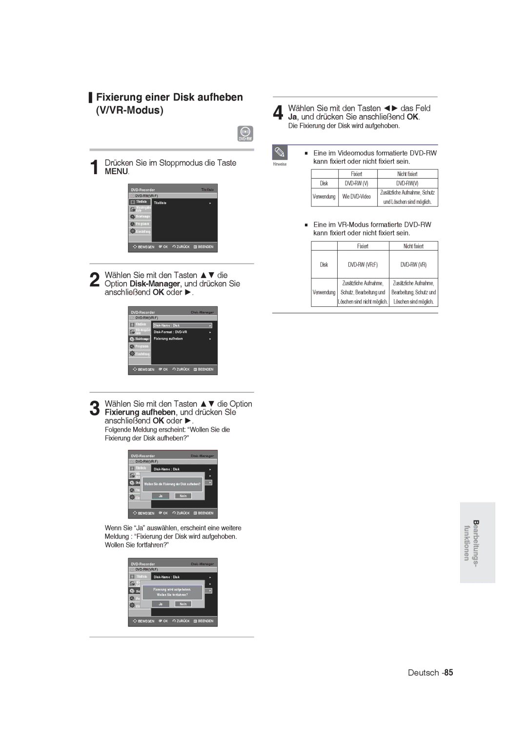 Samsung DVD-R128/XEG, DVD-R128/XET manual Fixierung einer Disk aufheben V/VR-Modus, Die Fixierung der Disk wird aufgehoben 