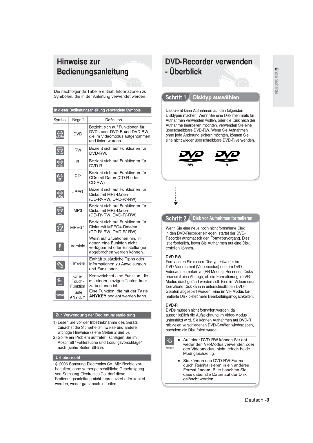 Samsung DVD-R129/XEB, DVD-R128/XET Hinweise zur Bedienungsanleitung, DVD-Recorder verwenden Überblick, Disktyp auswählen 