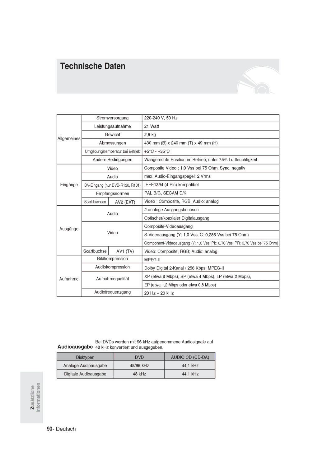 Samsung DVD-R128/XET, DVD-R128/XEG, DVD-R129/XEG, DVD-R129/XEB, DVD-R130/XEG, DVD-R128/XEB manual Technische Daten 