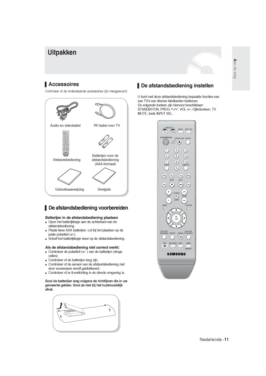 Samsung DVD-R128/XEB Uitpakken, Accessoires, De afstandsbediening instellen, Batterijen in de afstandsbediening plaatsen 