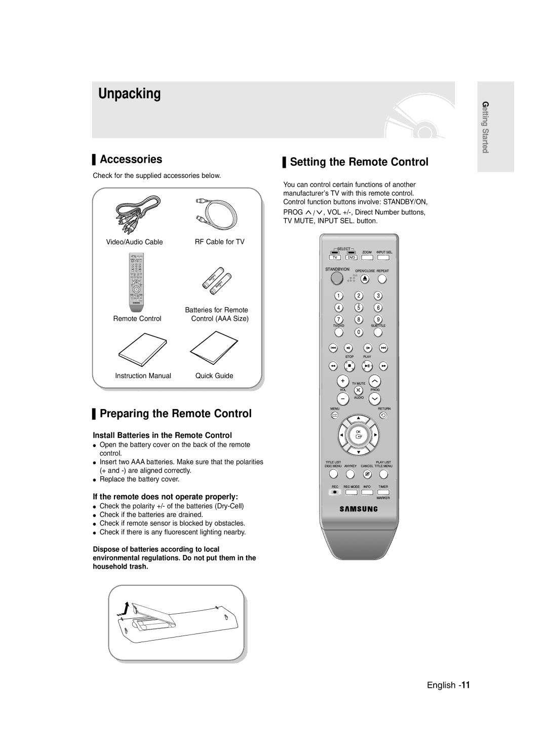 Samsung DVD-R129/XEG, DVD-R128/XET manual Unpacking, Accessories, Preparing the Remote Control, Setting the Remote Control 