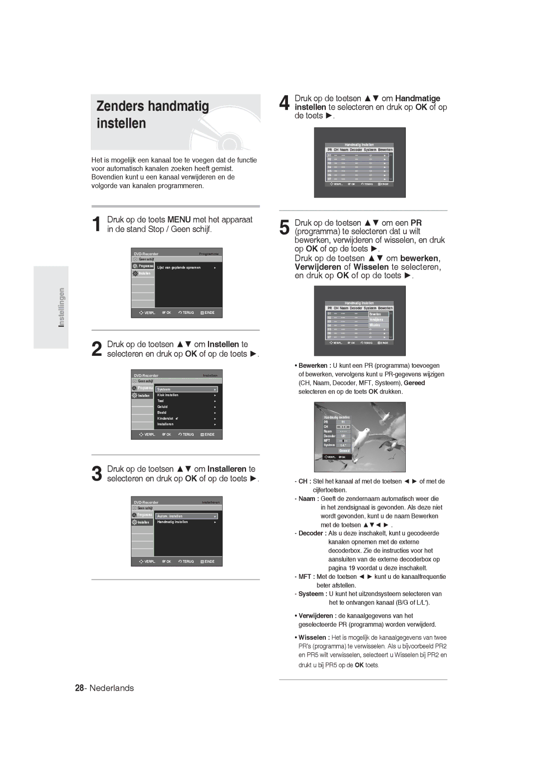 Samsung DVD-R130/XEG, DVD-R128/XET, DVD-R128/XEG, DVD-R129/XEG, DVD-R129/XEB, DVD-R128/XEB manual Zenders handmatig instellen 