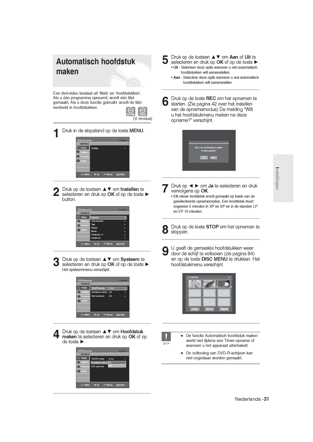 Samsung DVD-R128/EUR, DVD-R128/XET Automatisch hoofdstuk maken, Druk in de stopstand op de toets Menu, Vervolgens op OK 