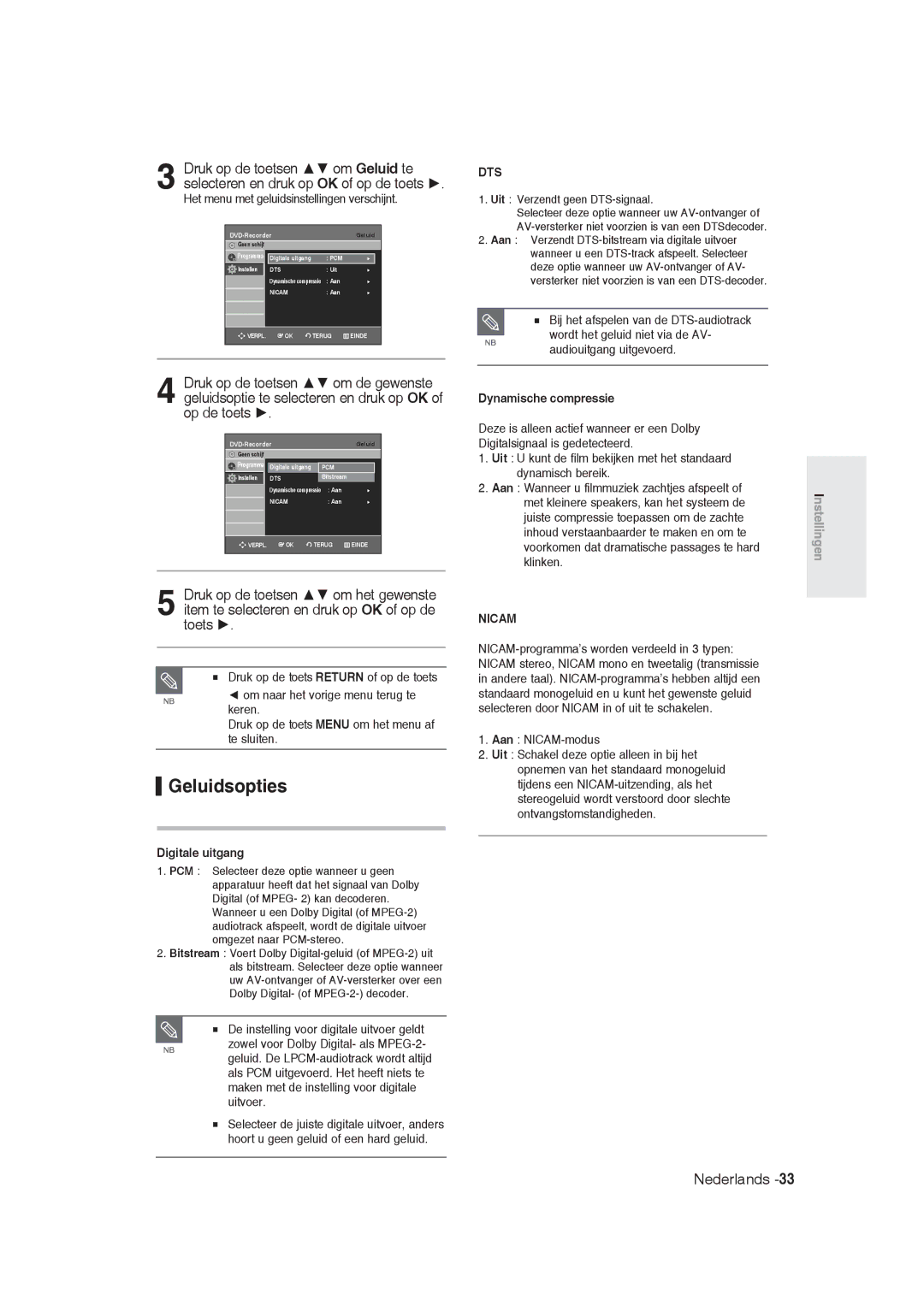 Samsung DVD-R128/XET, DVD-R128/XEG, DVD-R129/XEG, DVD-R129/XEB manual Geluidsopties, Digitale uitgang, Dynamische compressie 