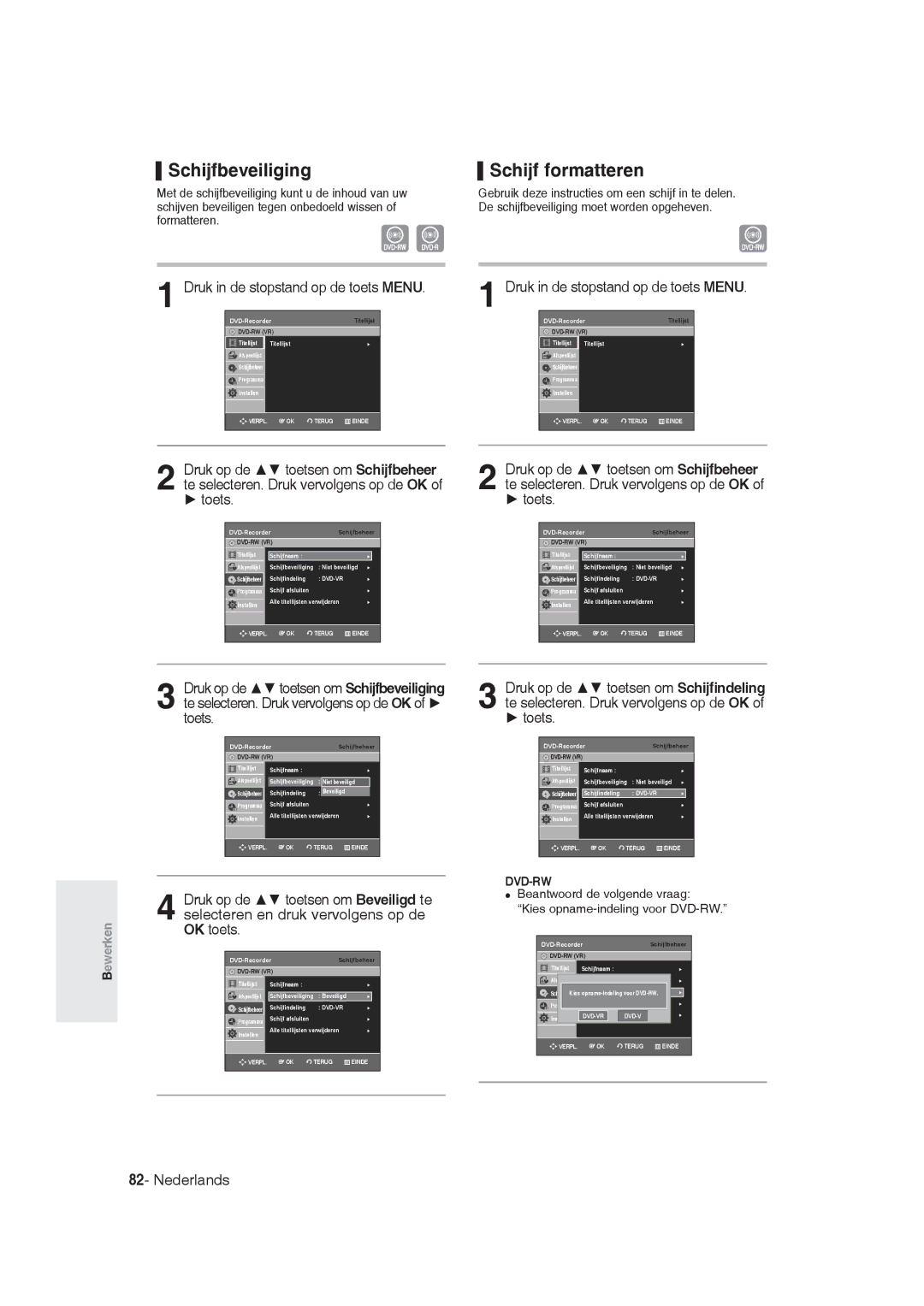 Samsung DVD-R130/XEG, DVD-R128/XET, DVD-R128/XEG, DVD-R129/XEG, DVD-R129/XEB manual Schijfbeveiliging, Schijf formatteren 