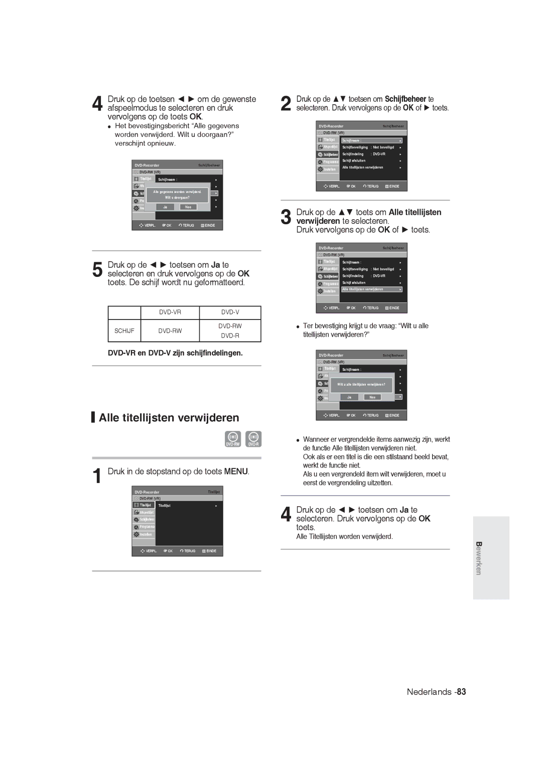 Samsung DVD-R128/XEB, DVD-R128/XET, DVD-R128/XEG manual Alle titellijsten verwijderen, DVD-VR en DVD-V zijn schijfindelingen 