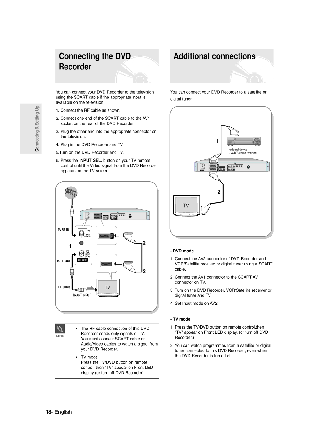 Samsung DVD-R128/XET, DVD-R128/XEG, DVD-R129/XEG, DVD-R129/XEB, DVD-R130/XEG manual Connecting the DVD, Recorder, TV mode 