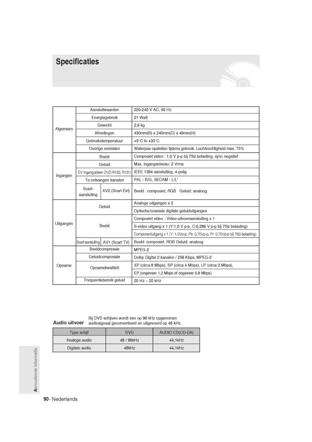 Samsung DVD-R129/XEB, DVD-R128/XET, DVD-R128/XEG, DVD-R129/XEG, DVD-R130/XEG, DVD-R128/XEB, DVD-R129/EUR manual Specificaties 