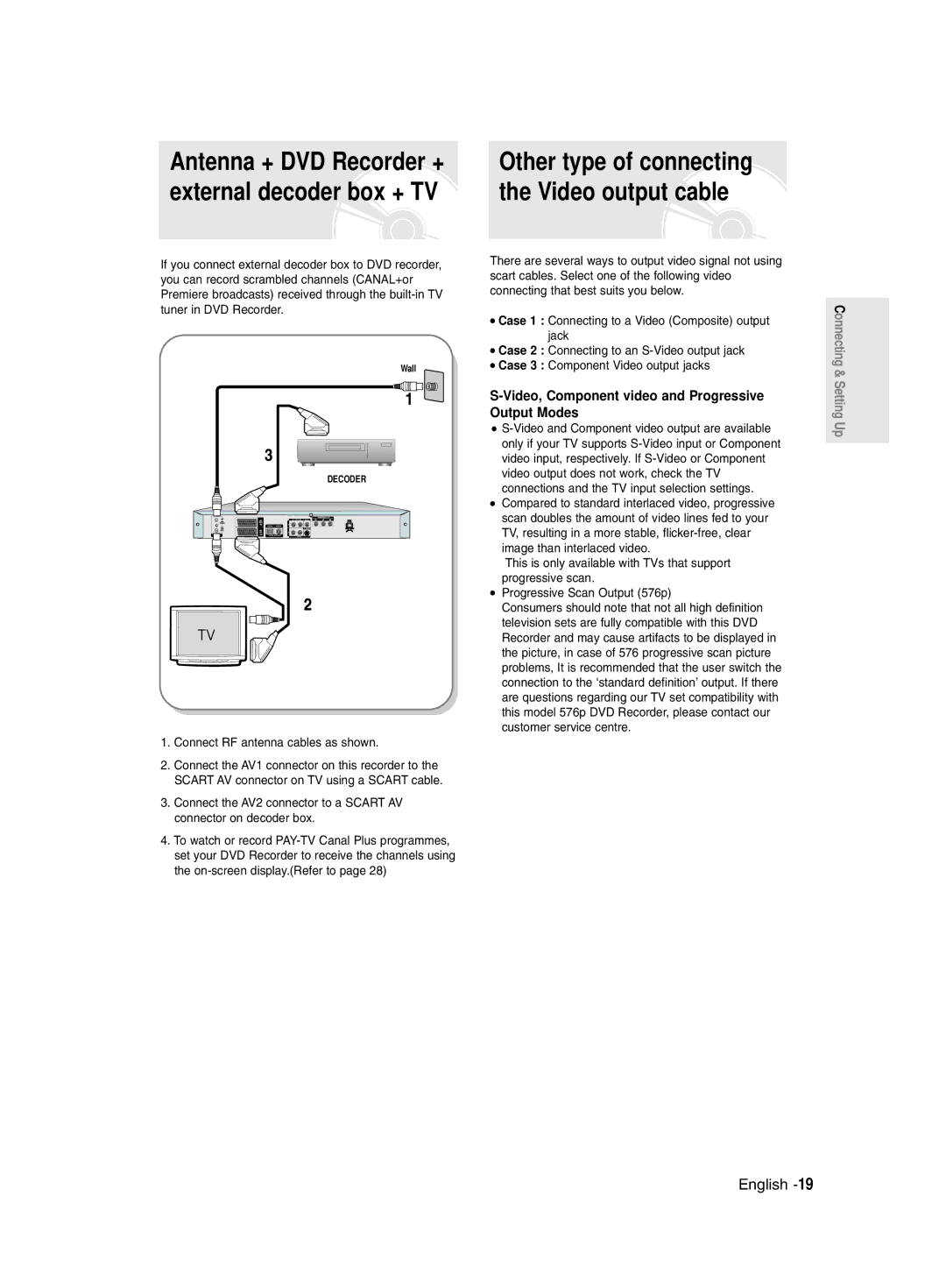 Samsung DVD-R128/XEG, DVD-R128/XET, DVD-R129/XEG, DVD-R129/XEB manual Video output cable, Connect RF antenna cables as shown 