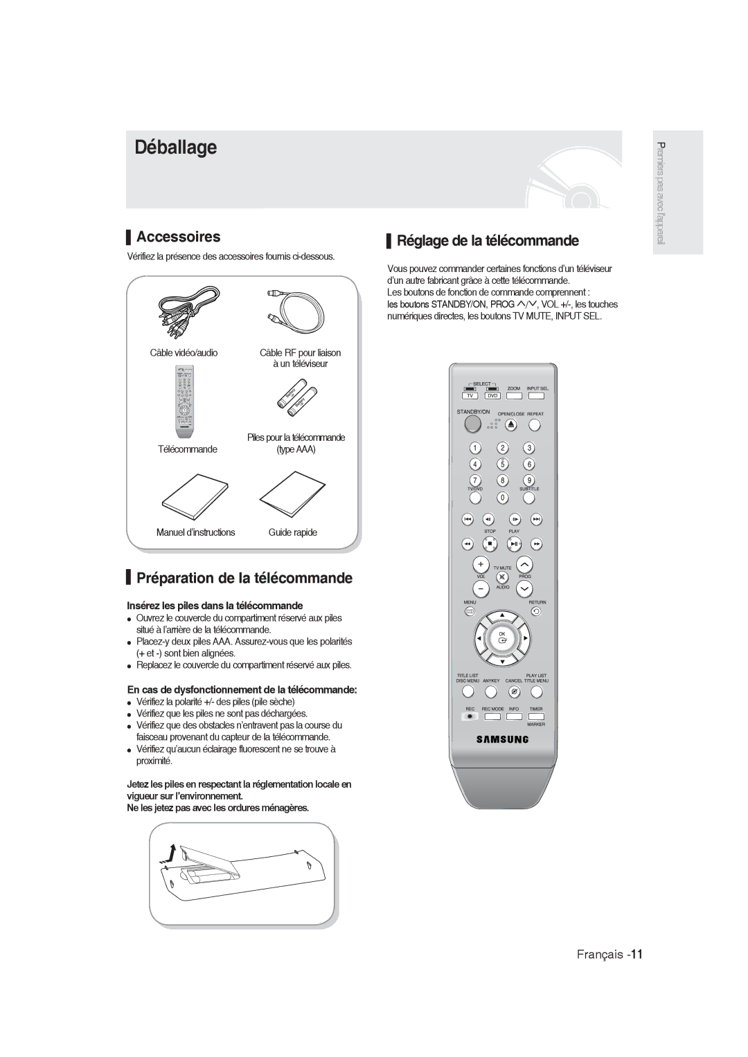 Samsung DVD-R128/XET, DVD-R128/XEG, DVD-R129/XEG manual Déballage, Préparation de la télécommande, Réglage de la télécommande 