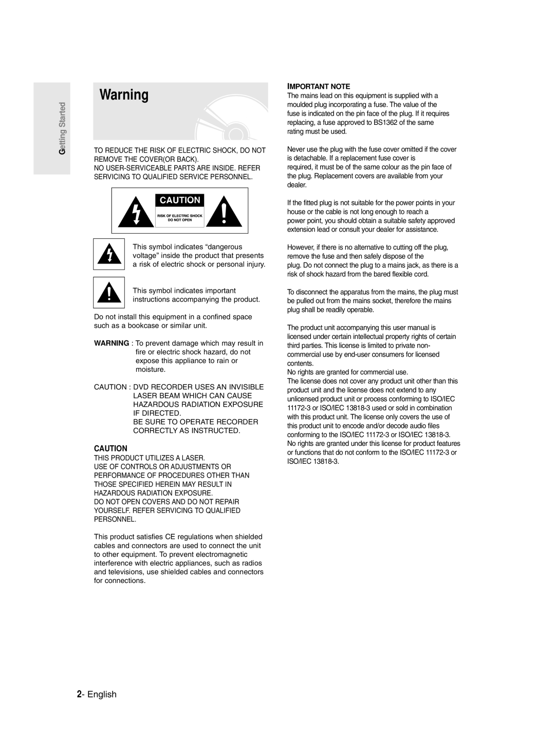 Samsung DVD-R129/XEG, DVD-R128/XET, DVD-R128/XEG, DVD-R129/XEB, DVD-R130/XEG, DVD-R128/XEB manual English, Getting Started 