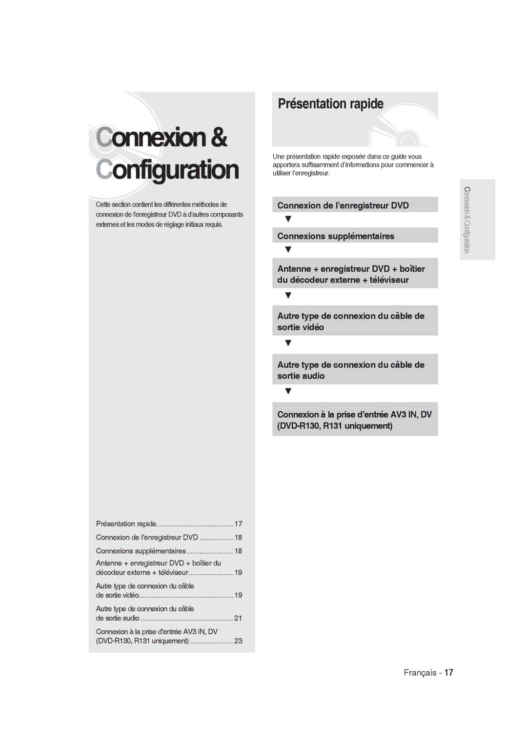 Samsung DVD-R129/EUR, DVD-R128/XET manual Présentation rapide, Connexion de l’enregistreur DVD Connexions supplémentaires 