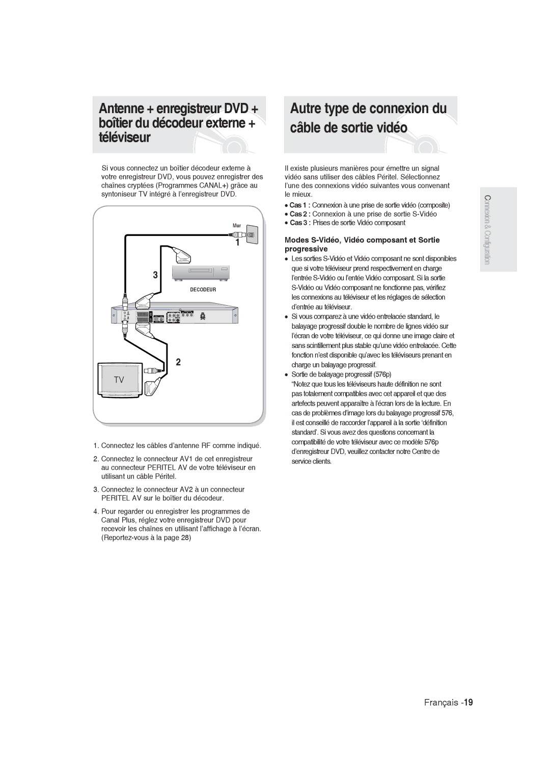 Samsung DVD-R130/EUR manual Modes S-Vidéo, Vidéo composant et Sortie progressive, Sortie de balayage progressif 576p 