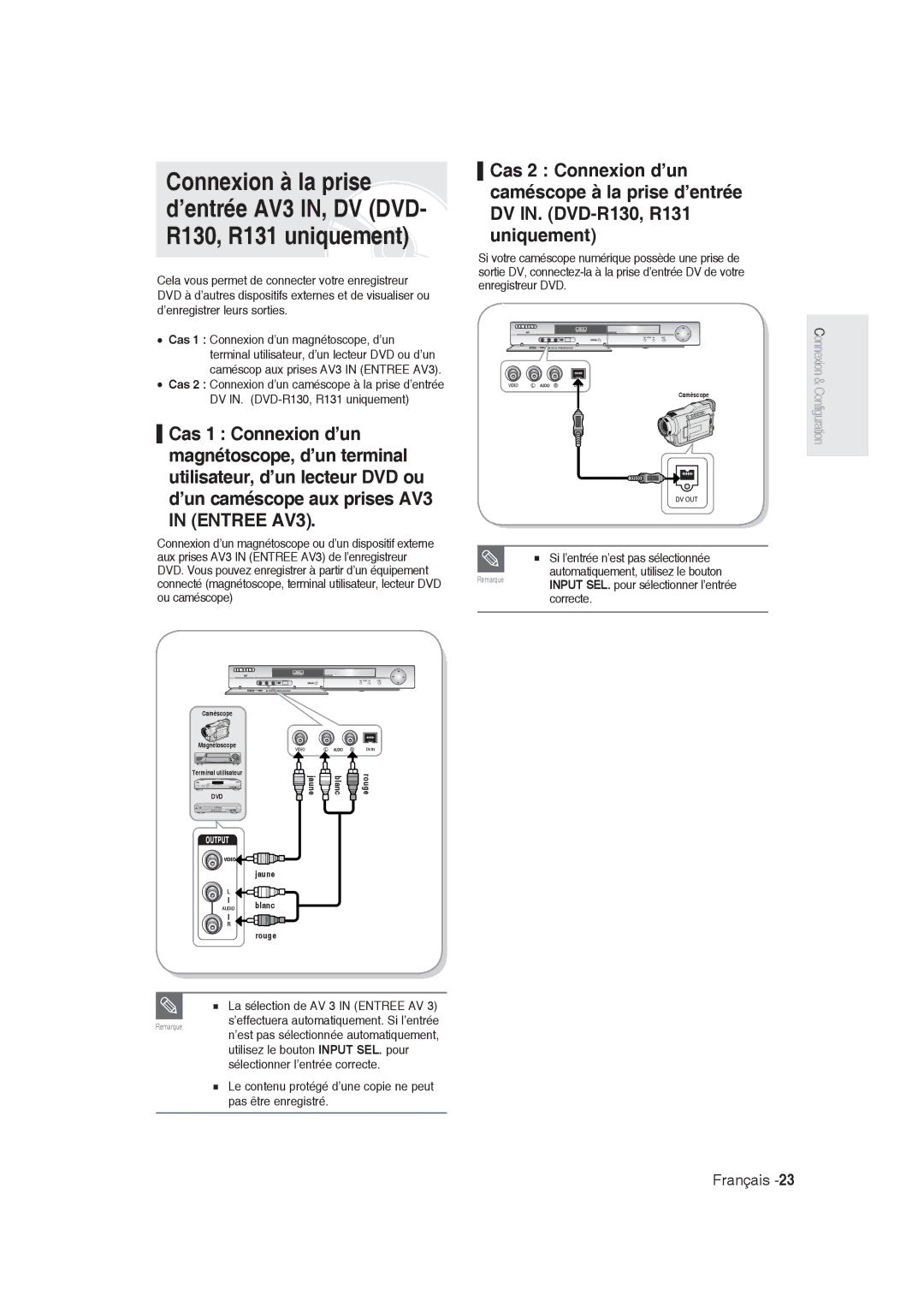 Samsung DVD-R129/XEB manual RemarqueINPUT SEL. pour sélectionner l’entrée correcte, La sélection de AV 3 in Entree AV 