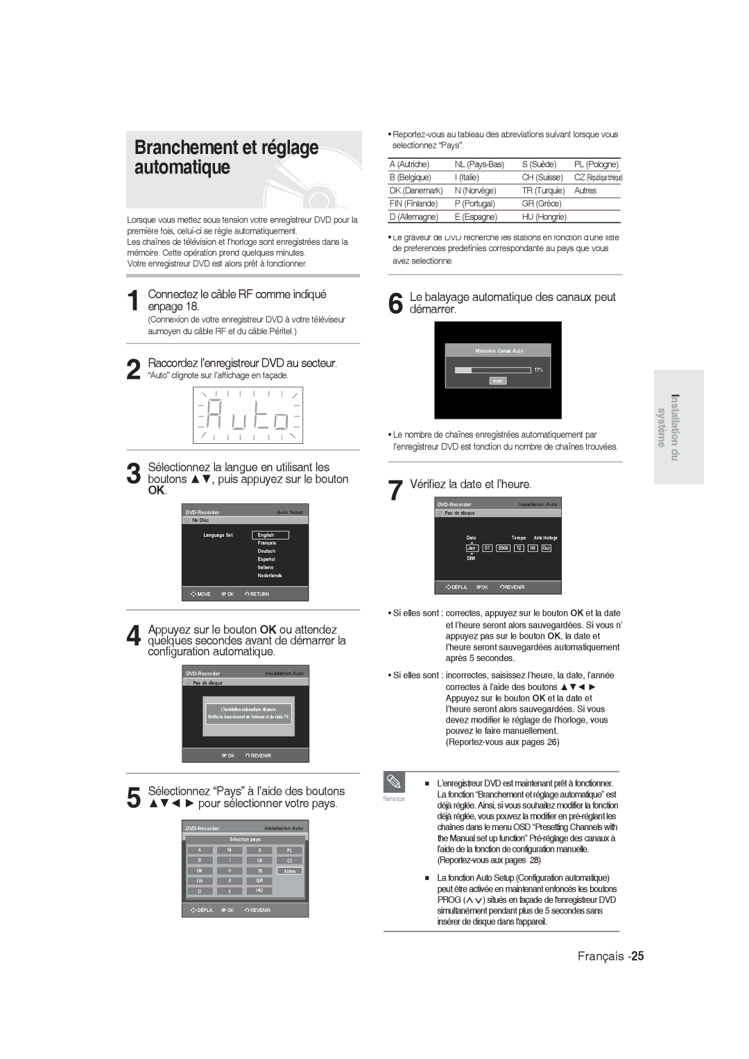 Samsung DVD-R128/XEB, DVD-R128/XET manual Branchement et réglage automatique, Connectez le câble RF comme indiqué enpage 