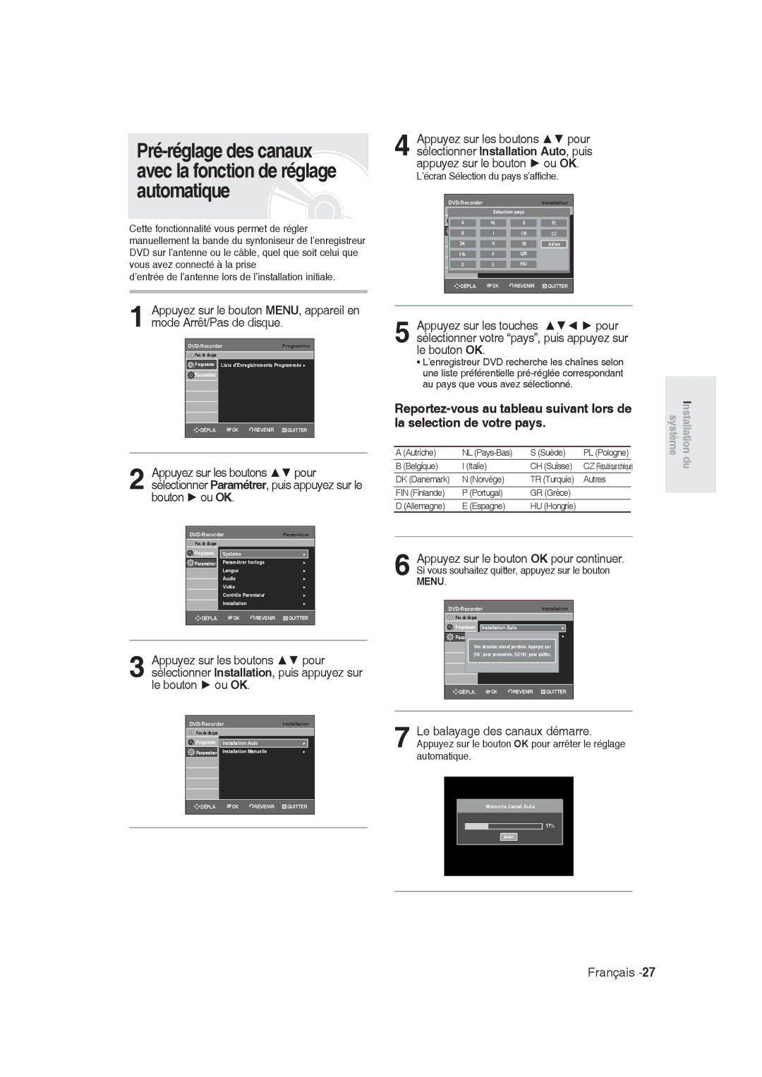 Samsung DVD-R128/EUR, DVD-R128/XET, DVD-R128/XEG, DVD-R129/XEG ’écran Sélection du pays s’affiche, DVD-RecorderInstallation 