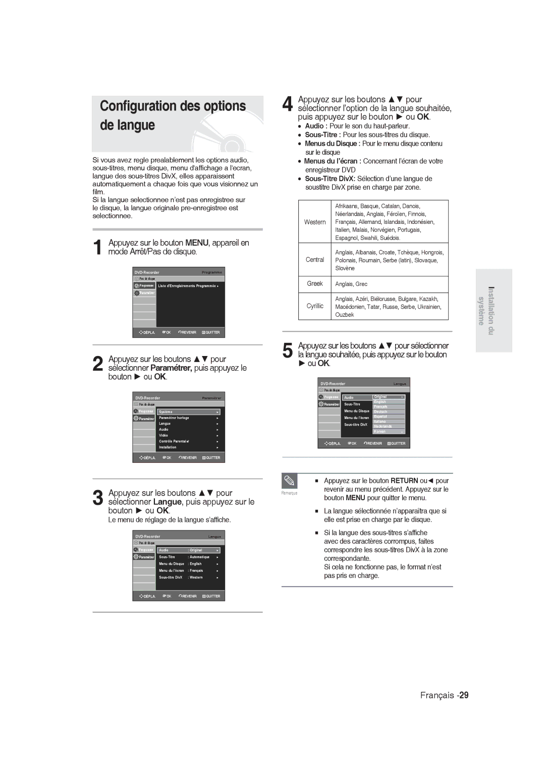 Samsung DVD-R128/XET, DVD-R128/XEG manual Configuration des options de langue, Le menu de réglage de la langue s’affiche 