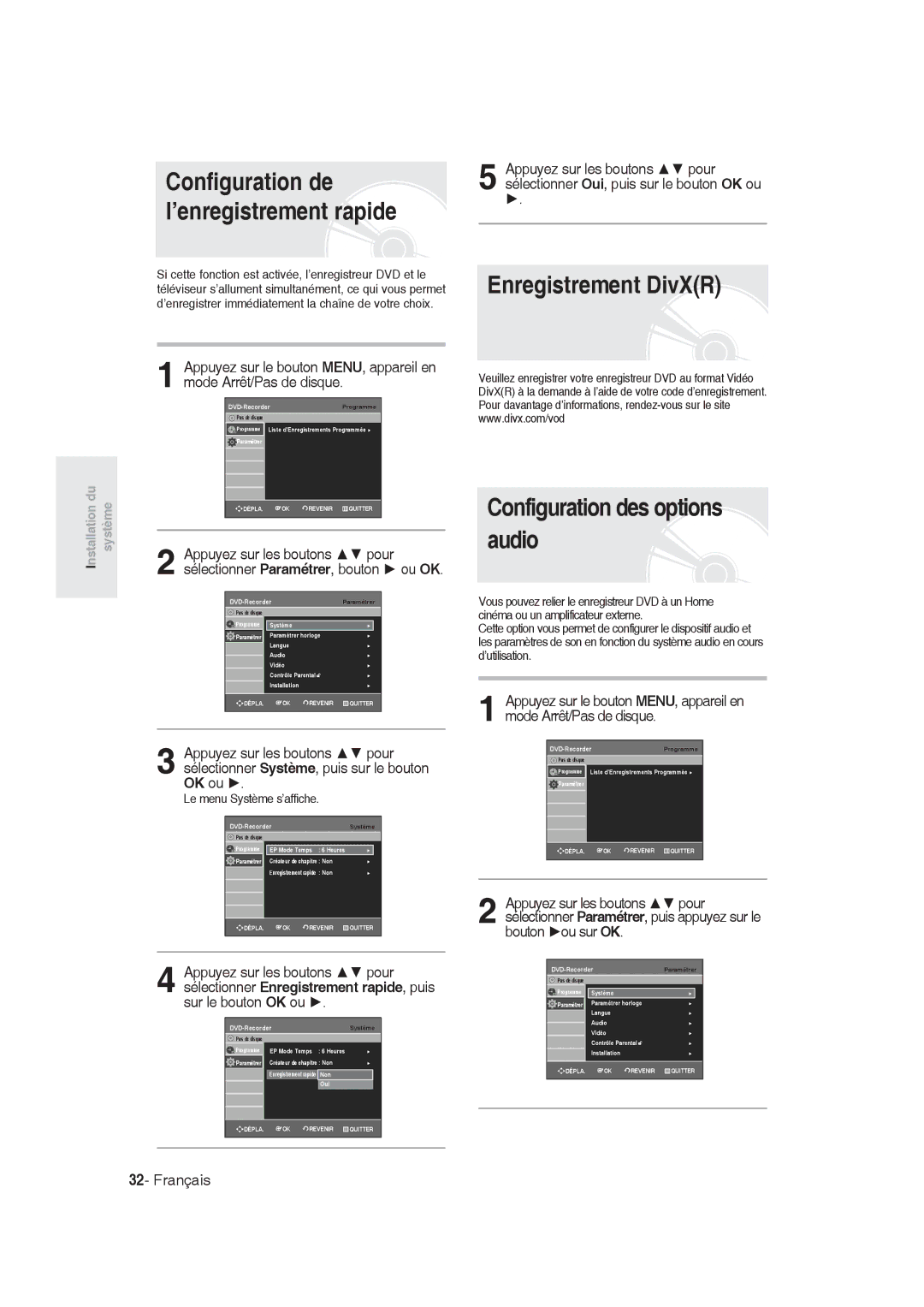 Samsung DVD-R129/XEB, DVD-R128/XET manual Enregistrement DivXR Configuration des options audio, Le menu Système s’affiche 