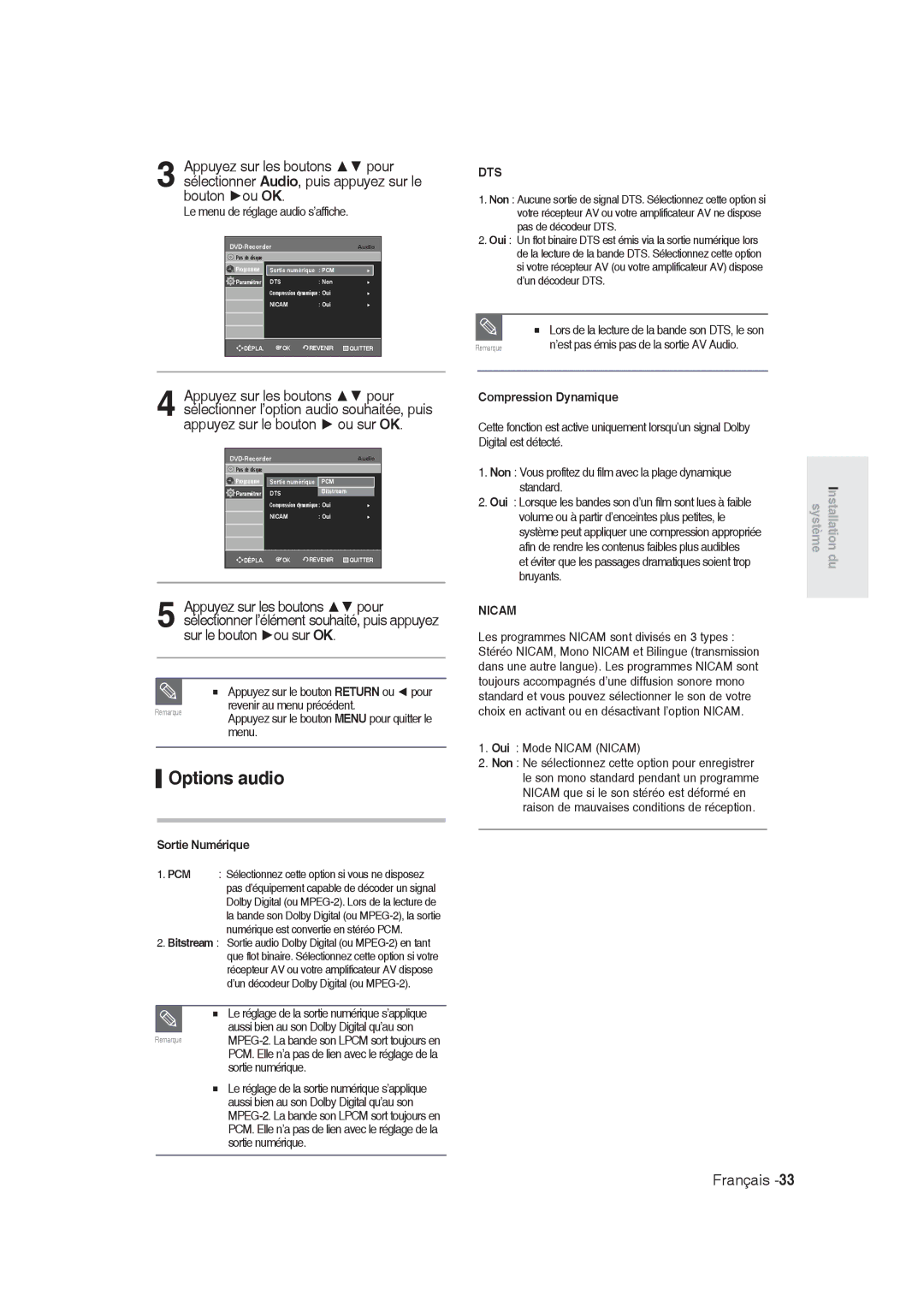 Samsung DVD-R130/XEG, DVD-R128/XET, DVD-R128/XEG, DVD-R129/XEG manual Options audio, Sortie Numérique, Compression Dynamique 