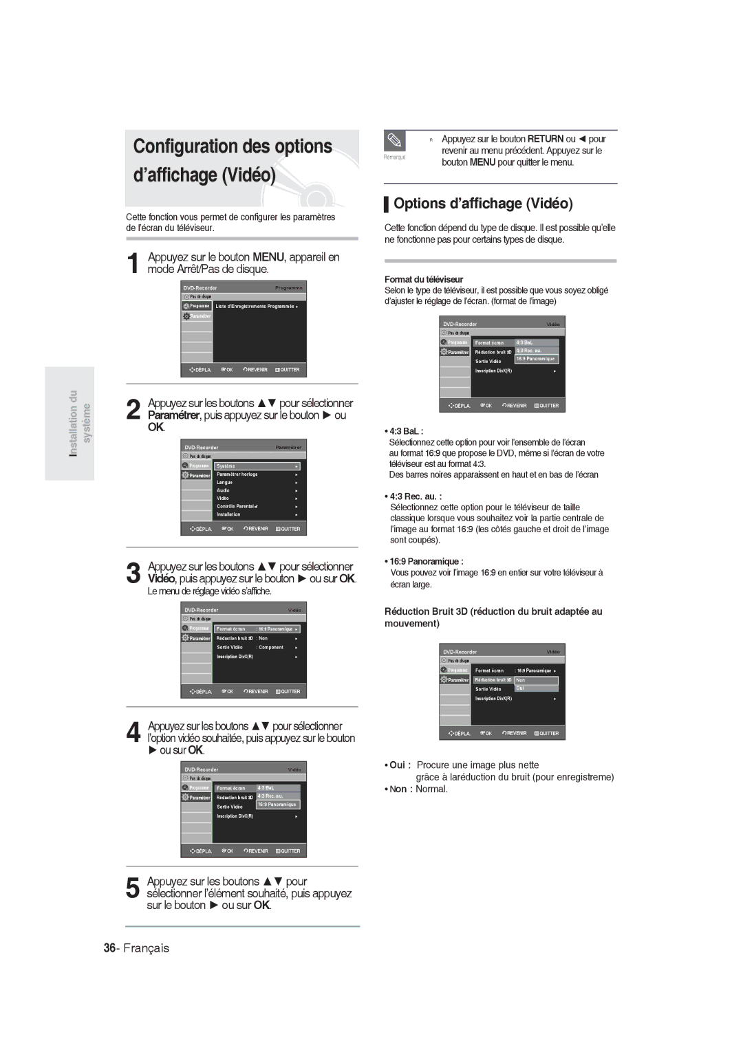 Samsung DVD-R128/EUR, DVD-R128/XET, DVD-R128/XEG, DVD-R129/XEG, DVD-R129/XEB manual Options d’affichage Vidéo, Ou sur OK 