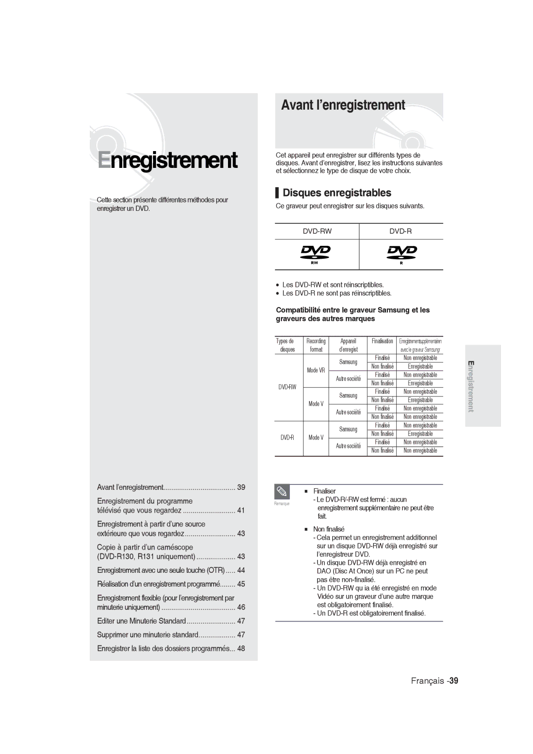 Samsung DVD-R128/XEG, DVD-R128/XET, DVD-R129/XEG, DVD-R129/XEB, DVD-R130/XEG Avant l’enregistrement, Disques enregistrables 