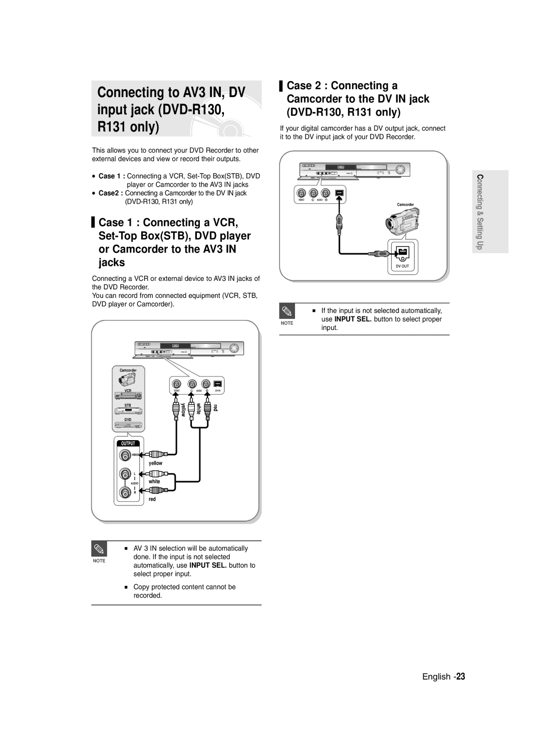 Samsung DVD-R128/XEB Connecting to AV3 IN, DV input jack DVD-R130, R131 only, If the input is not selected automatically 