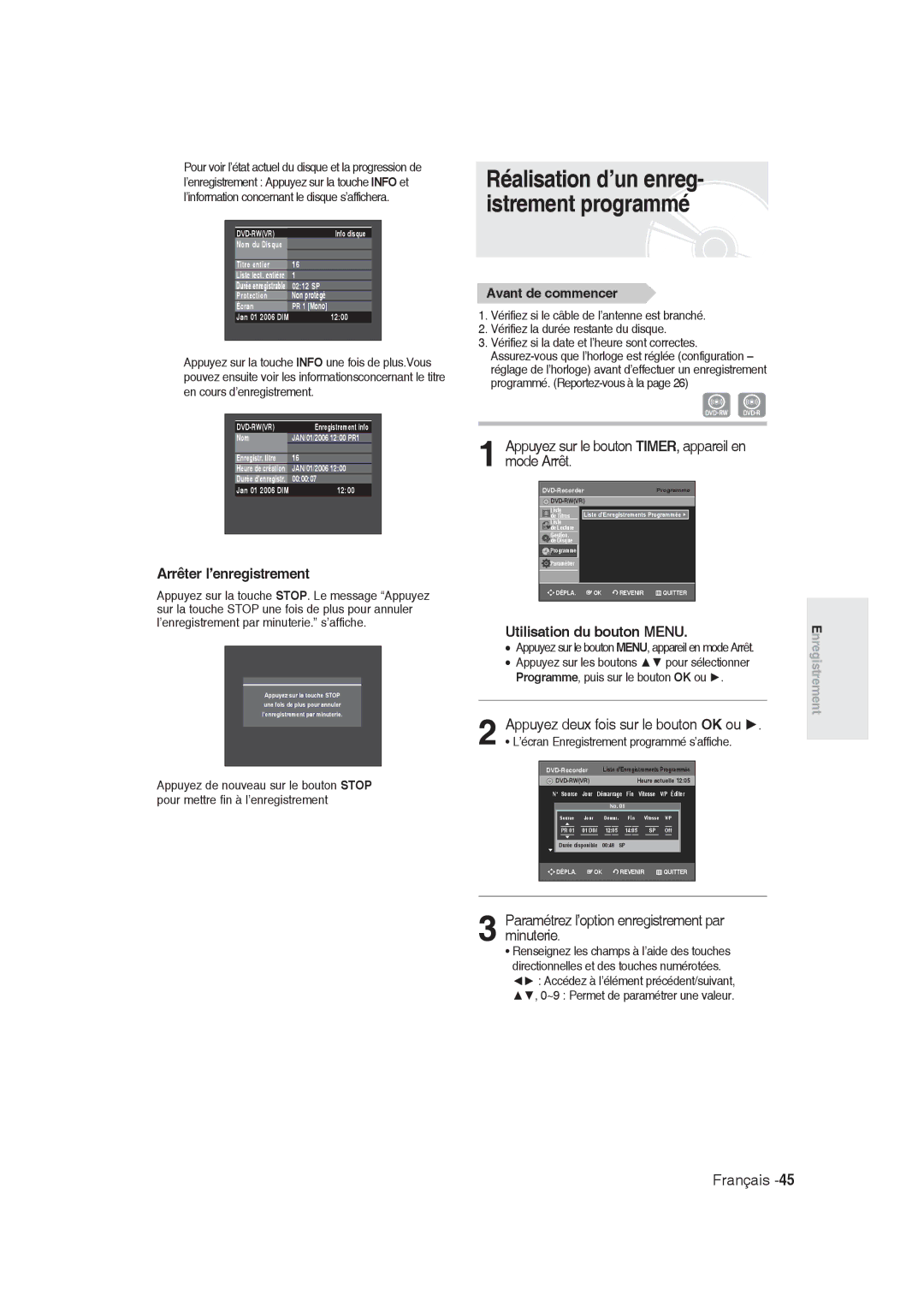 Samsung DVD-R128/EUR, DVD-R128/XET manual Appuyez sur le bouton TIMER, appareil en mode Arrêt, Utilisation du bouton Menu 